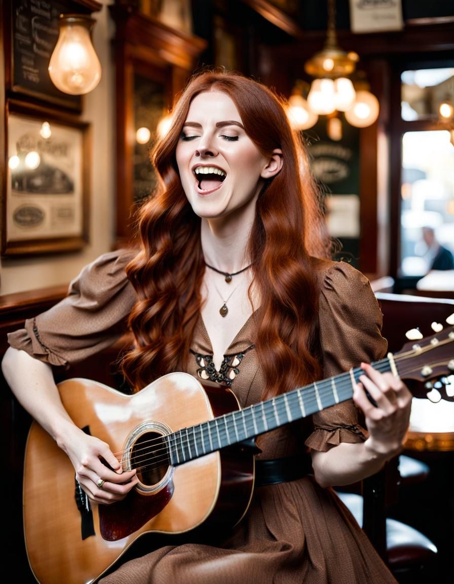 Victorian Woman Singing and Playing Guitar in Cafe