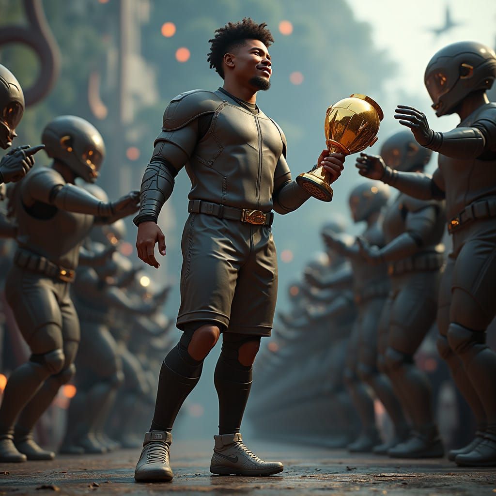 Triumphant Black Youth Holds Trophy Amidst Sci-Fi Congratula...