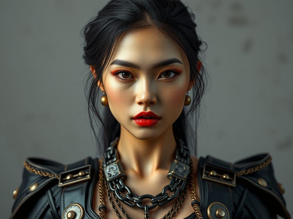 Breathtaking Asian Woman in Hammer-Painted Industrial Fashio...