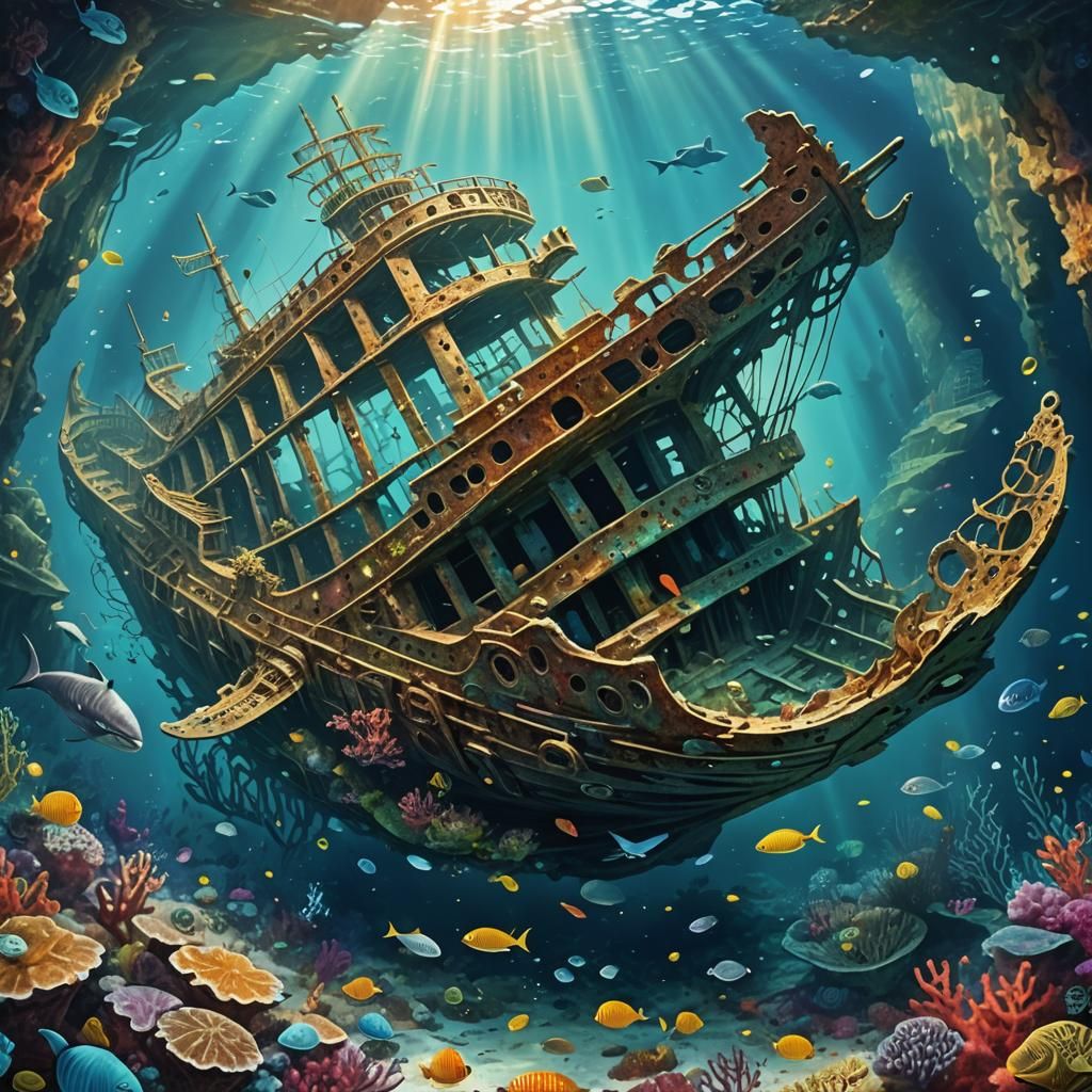 Sunken Shipwreck with Whales and Sun Rays