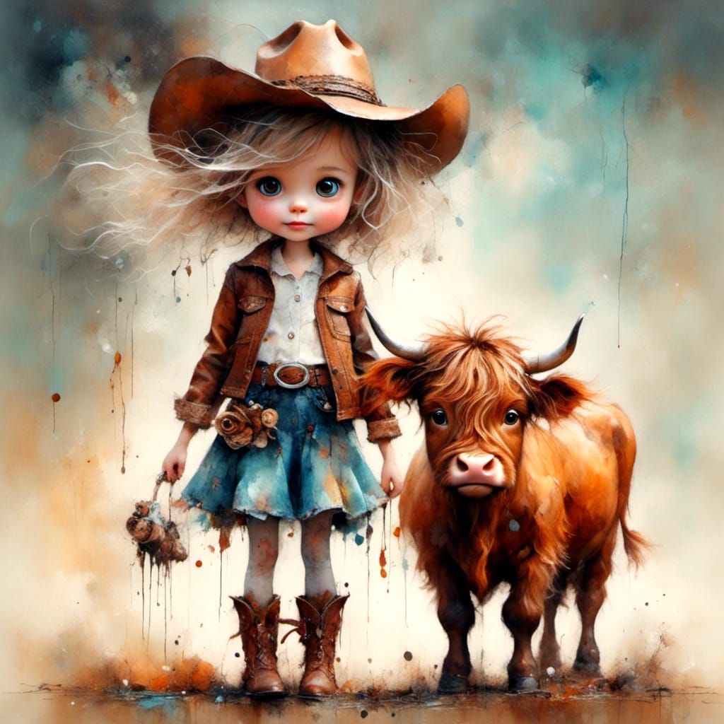<lora:White Fantasy:1.0>a cute little toddler girl with big eyes, dressed as a cowgirl, with a cute baby Highland Cow