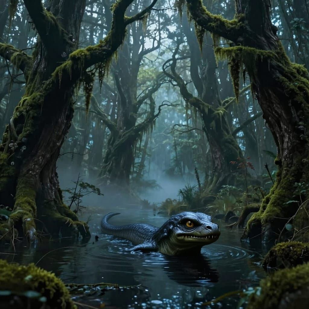Eerie Swamp Landscape with Nessie at Night
