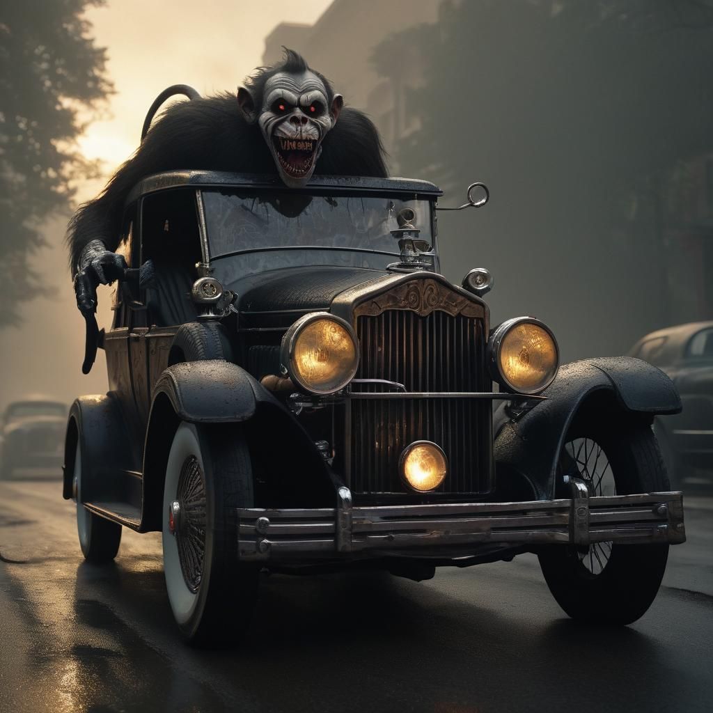 Zombie Clown Monkey Drives Packard Hearse: Dark Fantasy
