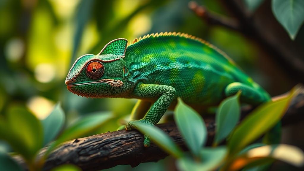 Vibrant Green Chameleon in Lush Jungle Setting