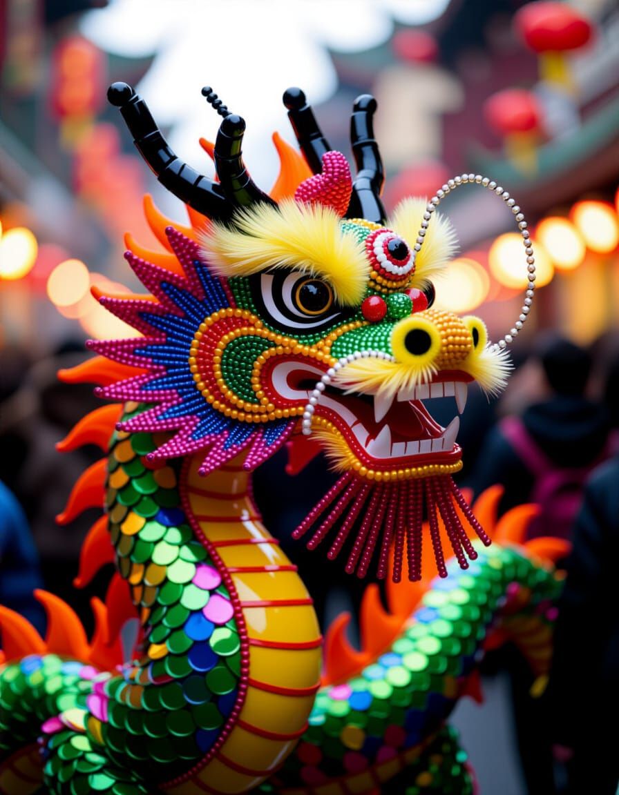 Beaded Chinese Dragon Sculpture in Rainbow Colors