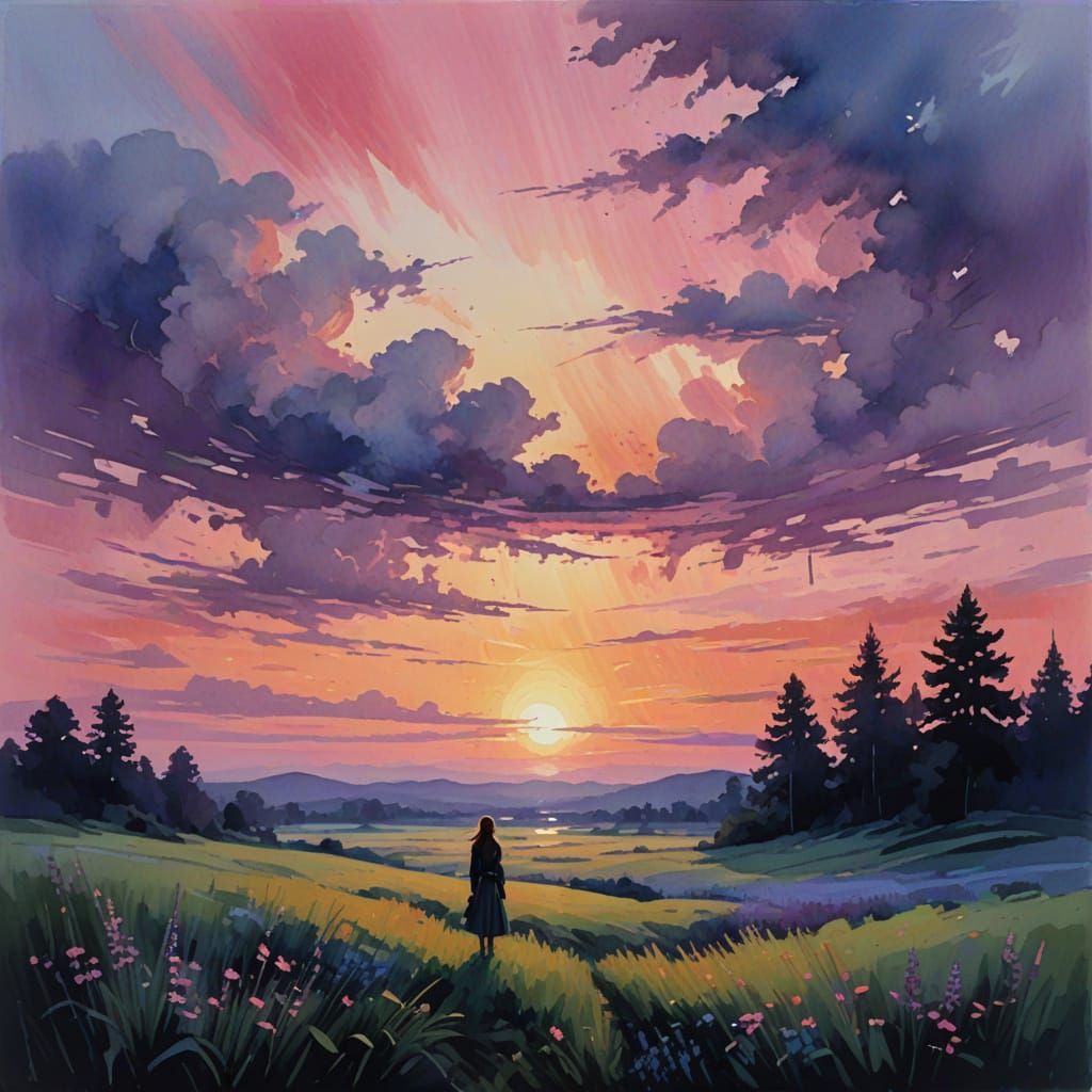 Romantic Impressionist Sunset with Silhouette Girl