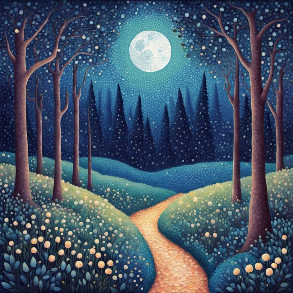 Moonlit Forest: A Pointillist-Inspired Landscape