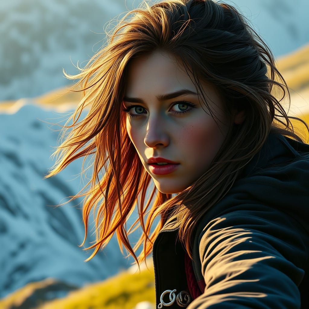 Resolute Woman Descends into Serene Landscape