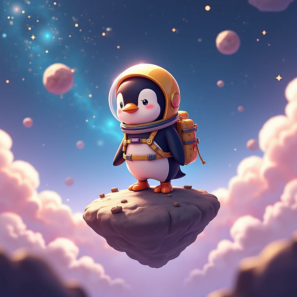 Penguin Astronaut in Galaxy Landscape: Anime Style 3D Render