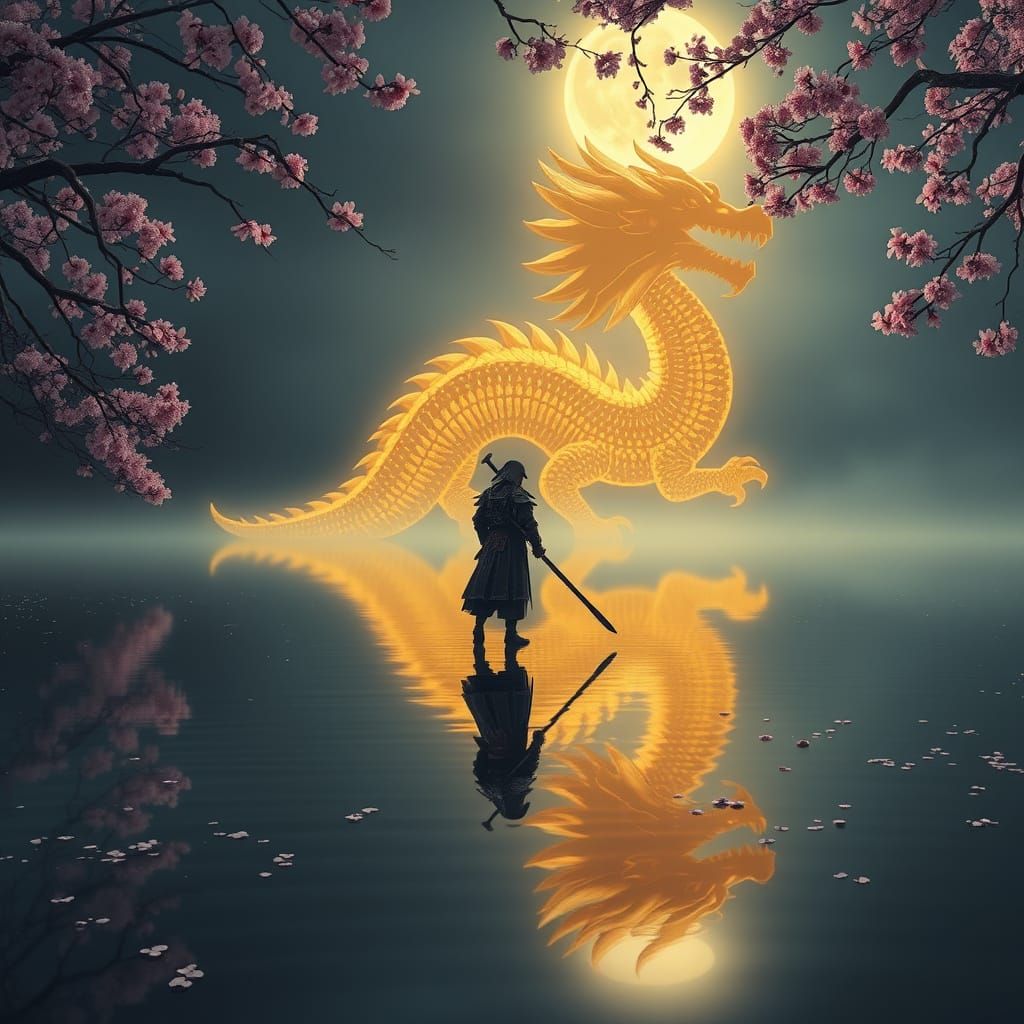 Samurai Dragon Reflection in Detailed Matte Painting