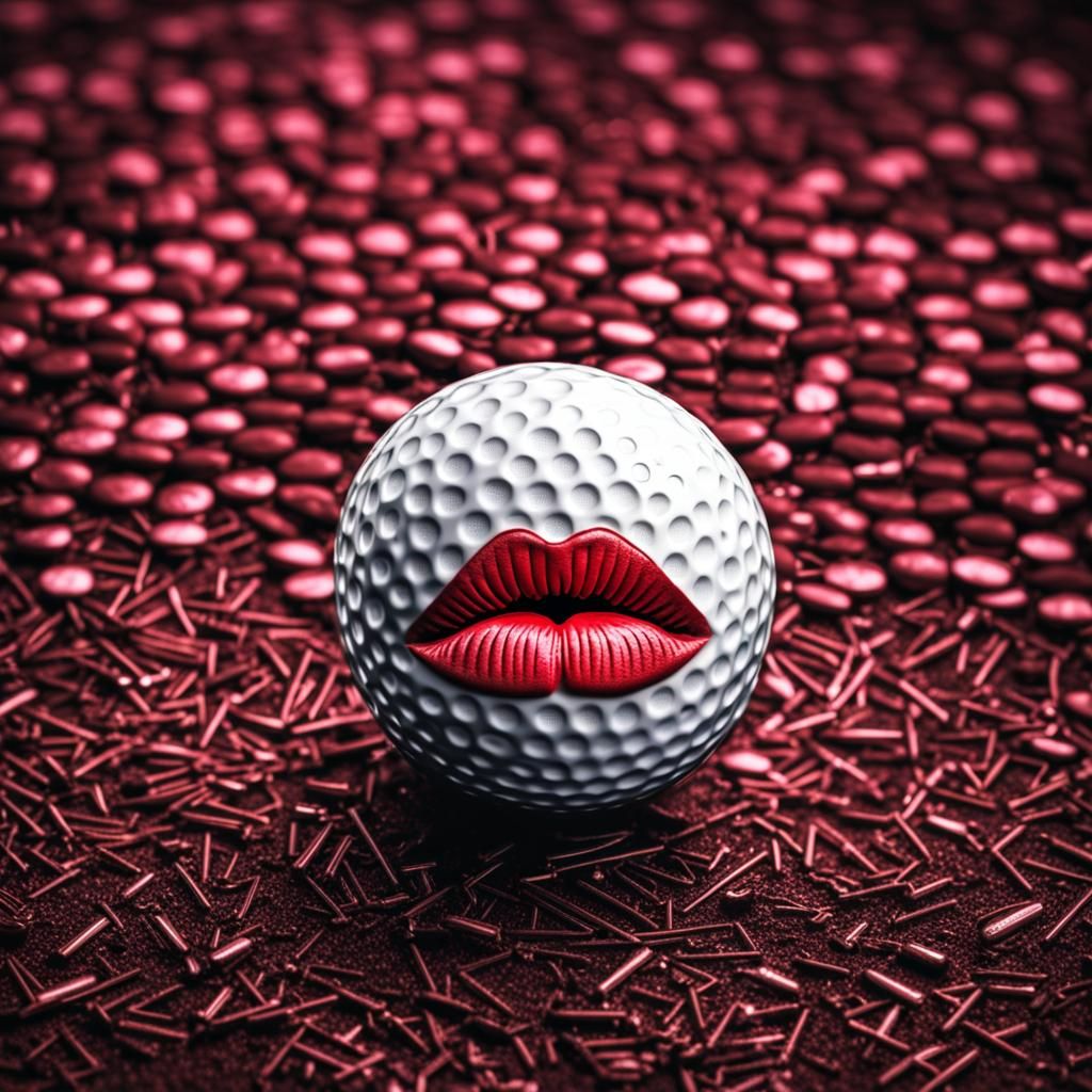 Lipstick Kiss on Golf Ball: Hyperrealistic Close-Up