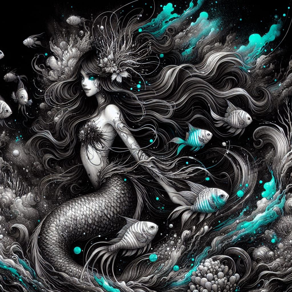 Mermaid in Fantastical Inked Marine Landscape