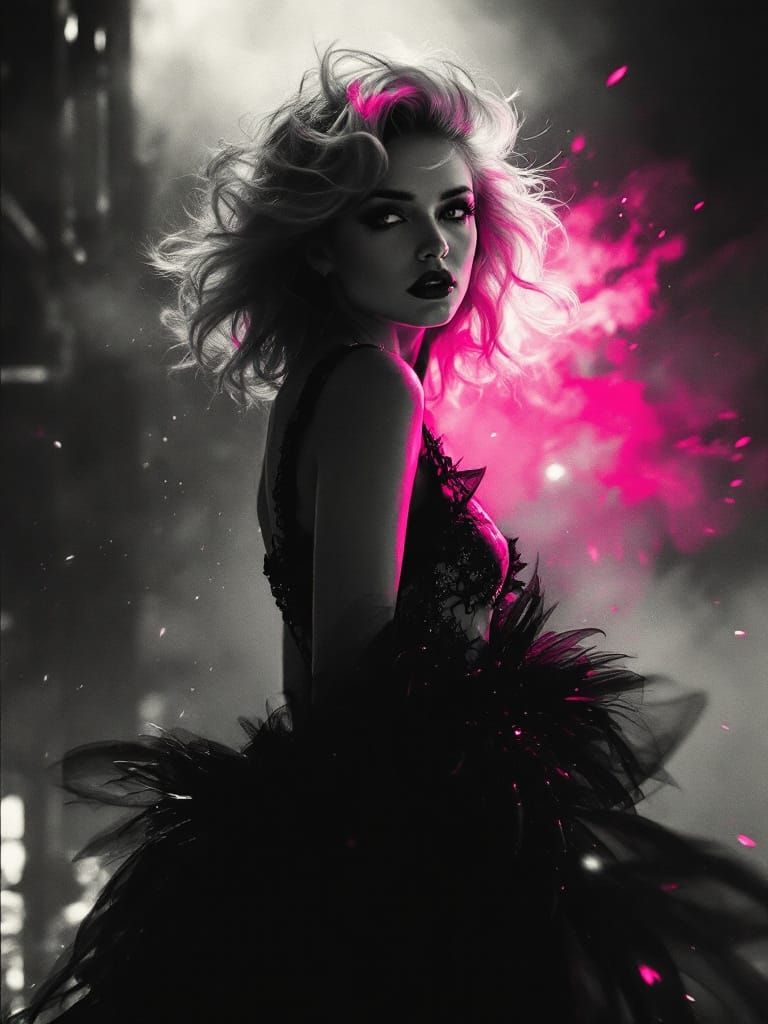 Pin Up Woman with Pink Hair in Film Noir Style