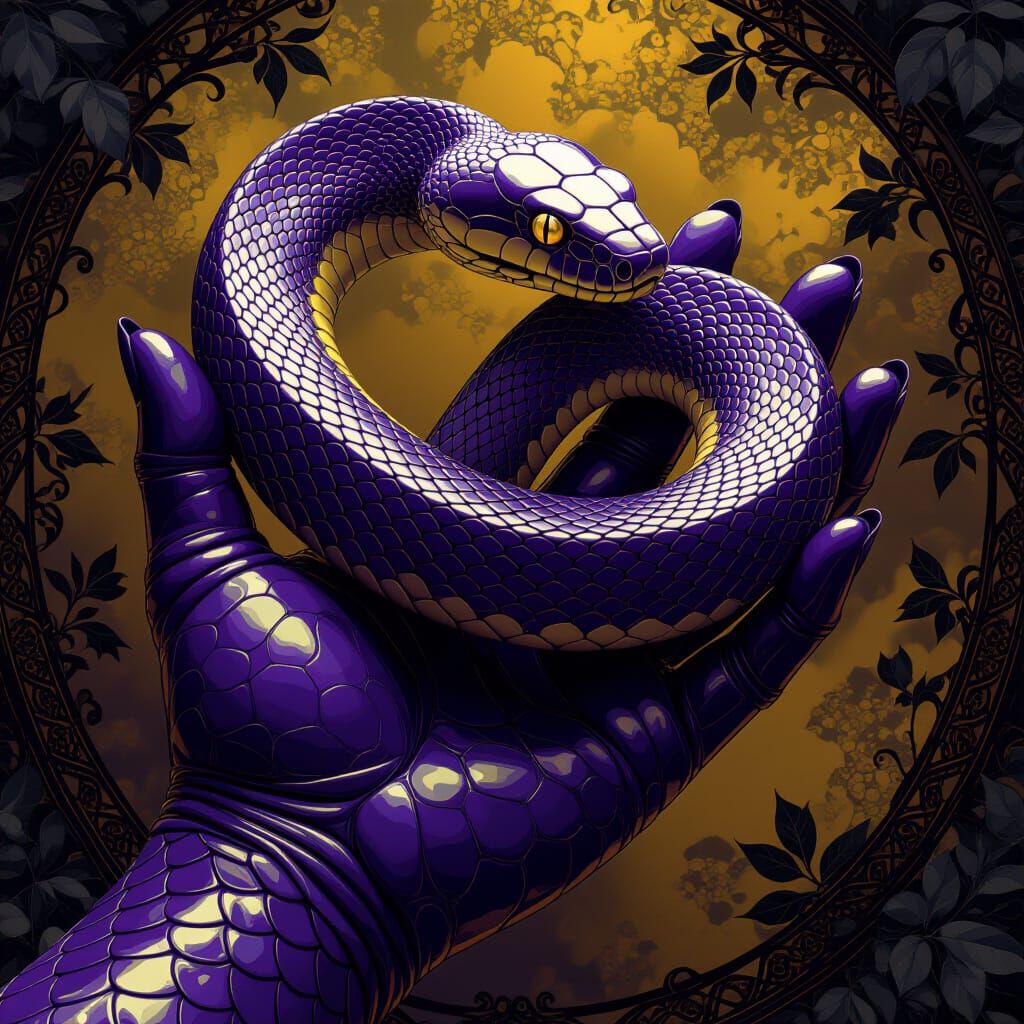 Serpentine Bond: Scaled Hand and Snake in Alcohol Ink Style