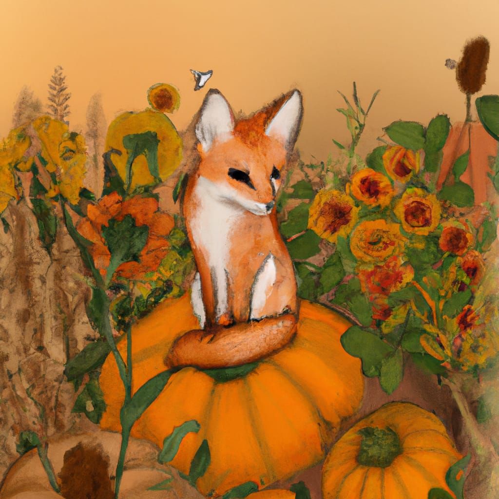 Ein kleiner süsser Fuchs, sitzt zwischen Kürbissen in einem Sonnenblumenfeld, realistische Proportionen und Farben,  Her...