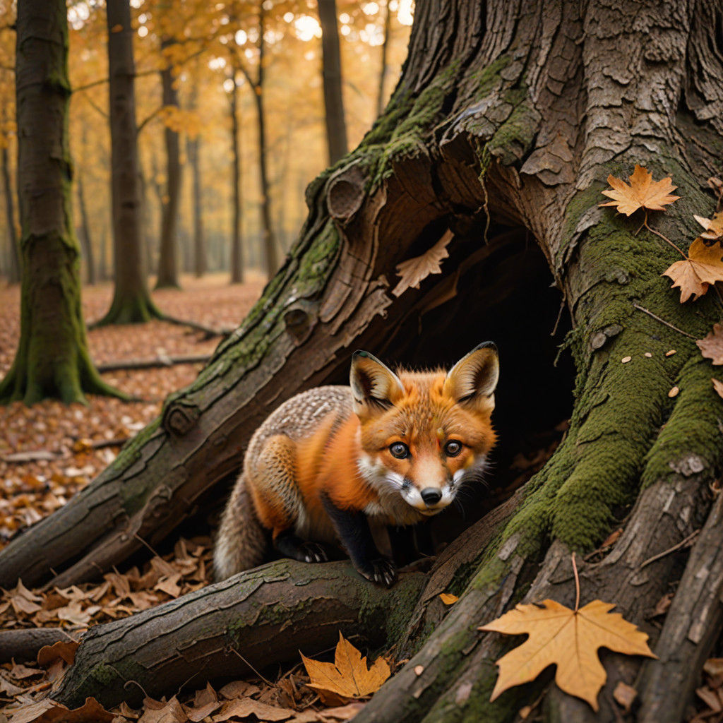 Fox Cub in Autumn Woodland Hideaway
