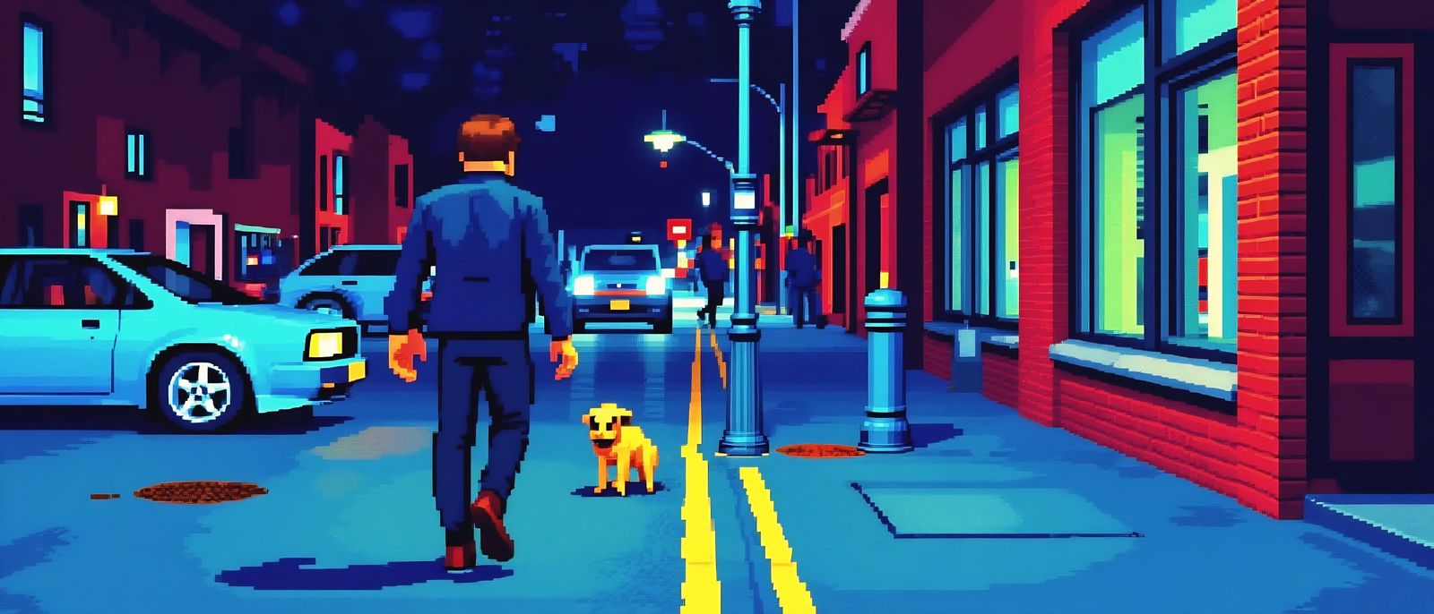 ASCII Art: Person Walking Dog at Night