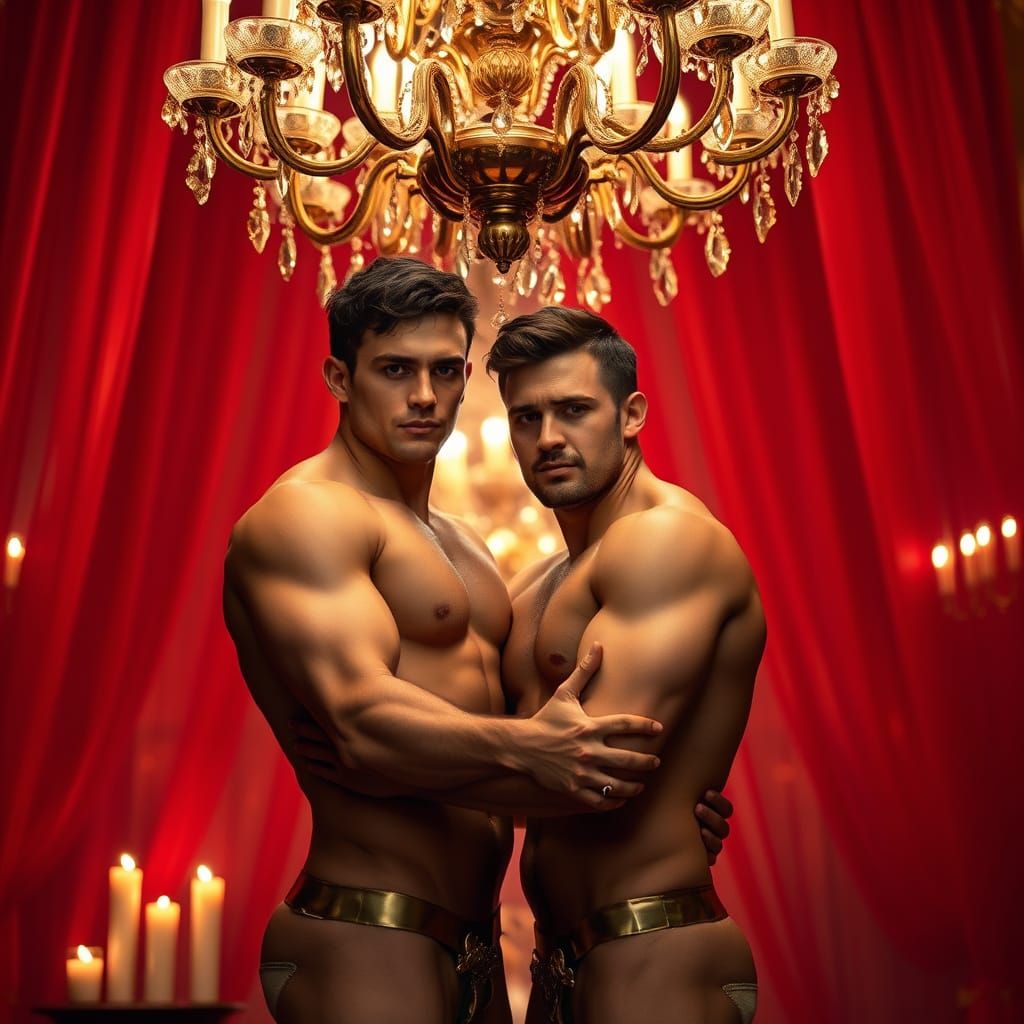 Romantic Embrace Under Chandelier