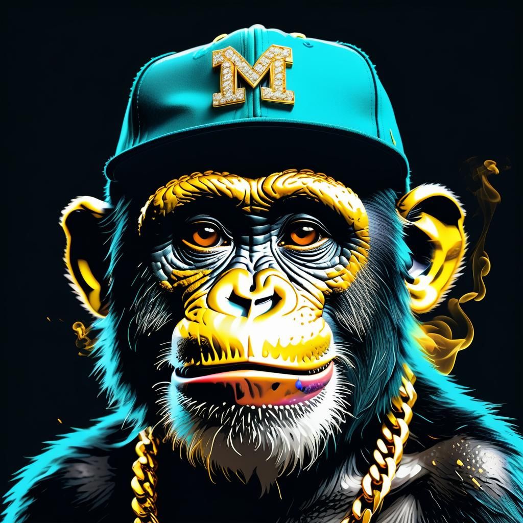 Pop Art Monkey Portrait with Gold Chain