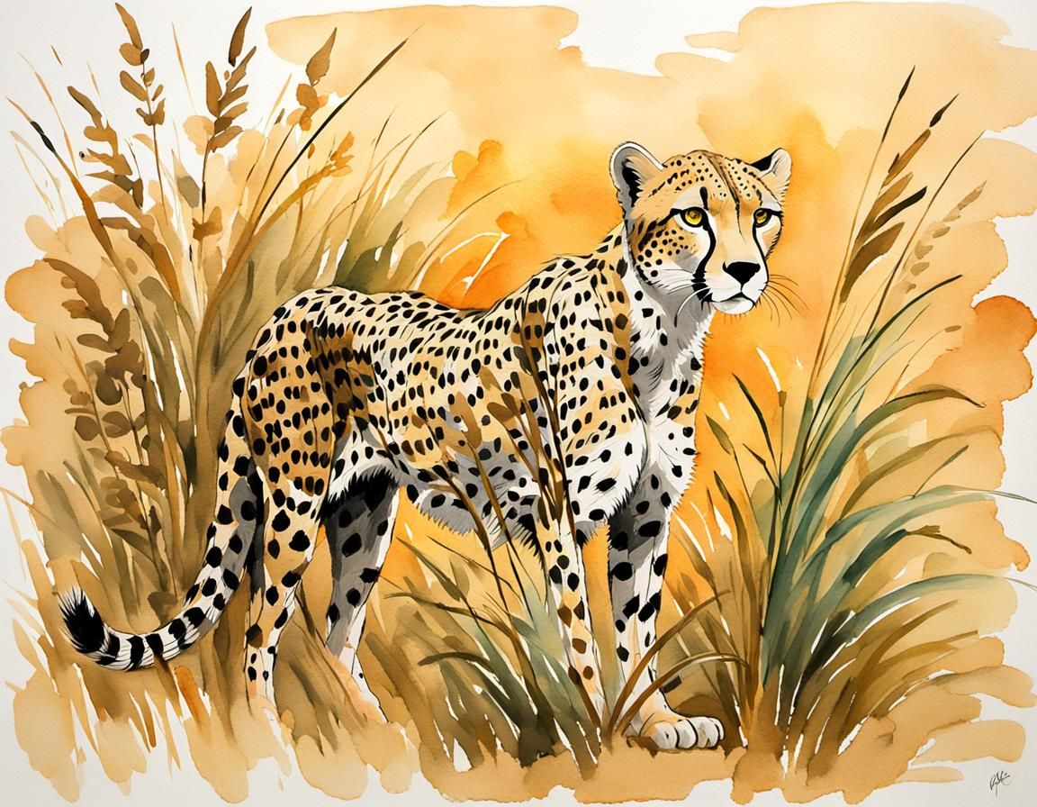 Cheetah Stalking: Impressionist Gouache Watercolor Painting