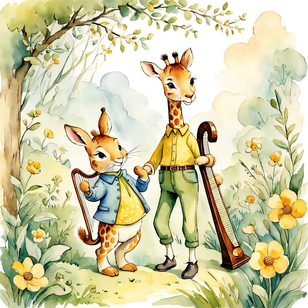 Whimsical Watercolor Giraffe Plays the Harp in Storybook Sty...