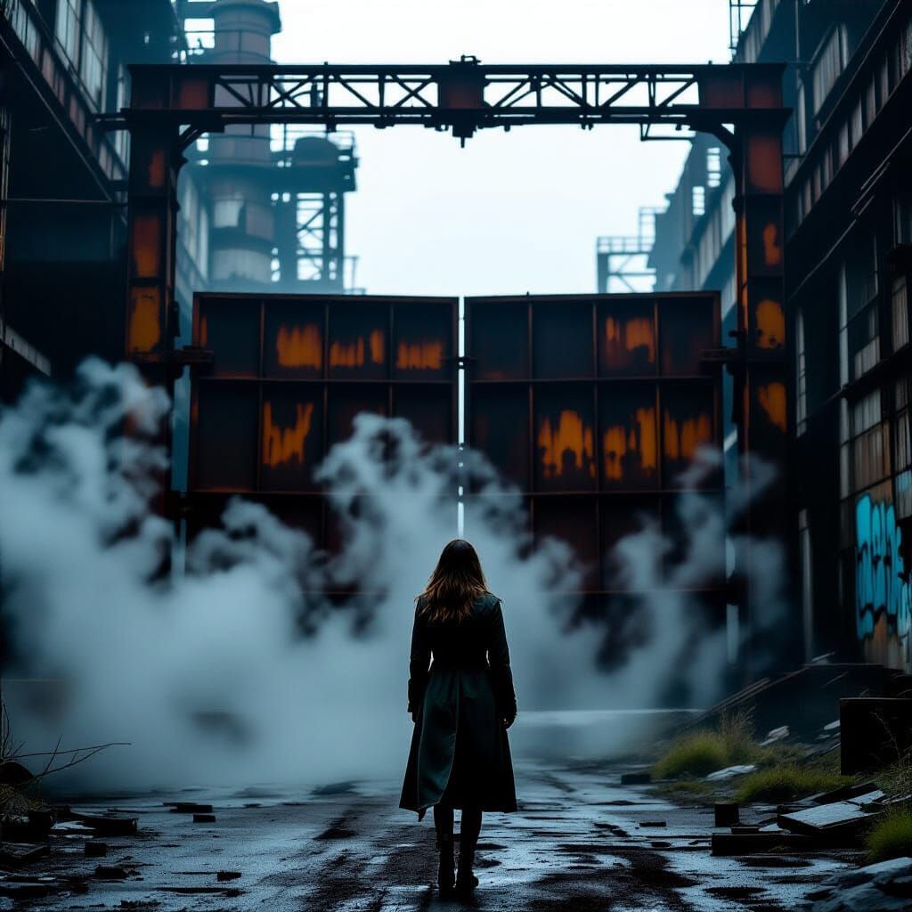 Woman at Rusted Gate in Noir Style