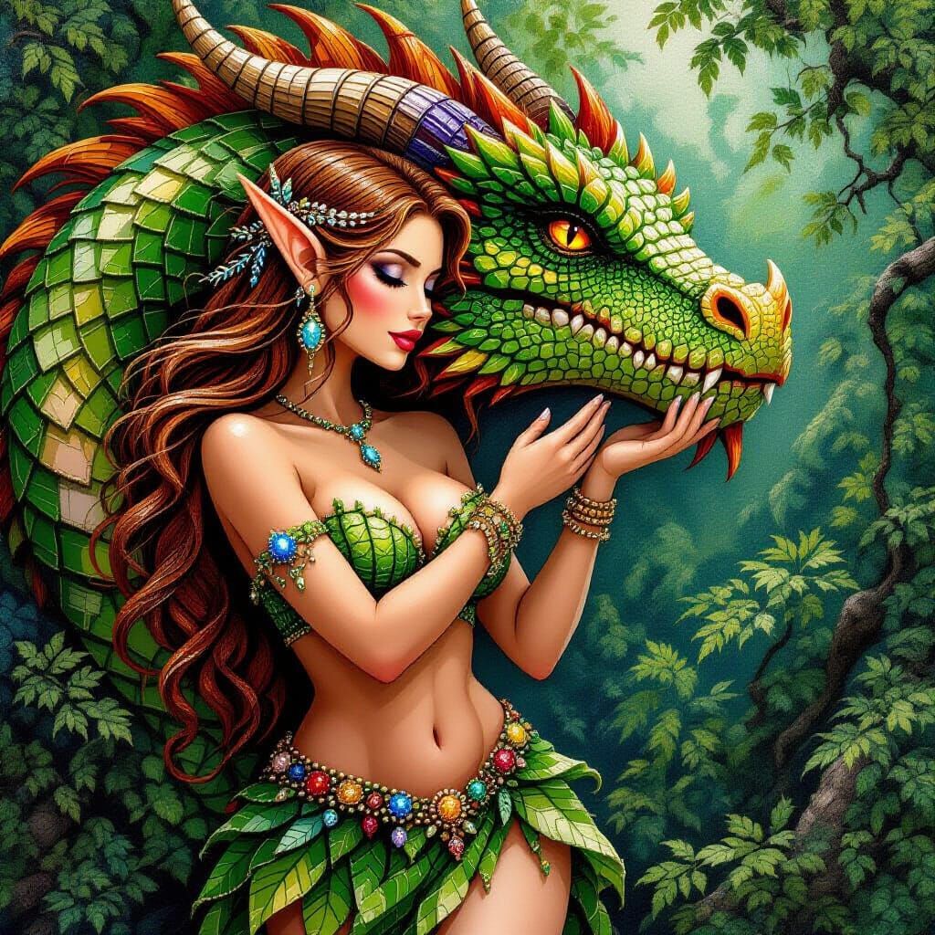 Elf Embracing Dragon in Stringed Bead Fantasy Art