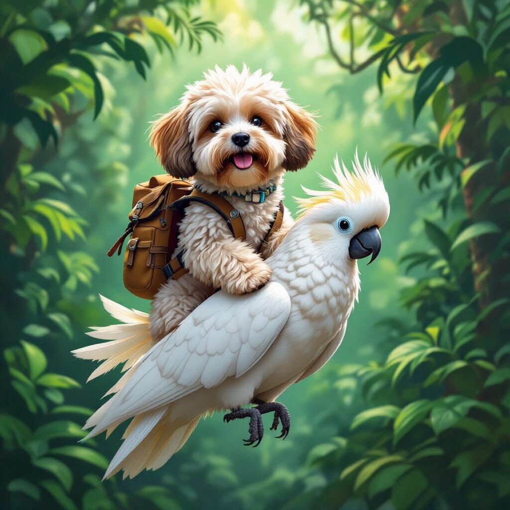 Havanese Dog Rides Cockatoo in Emerald Forest