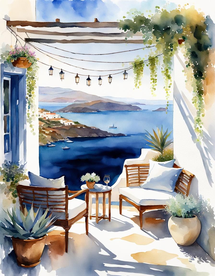 Greek Island Reading Area in Watercolor Style