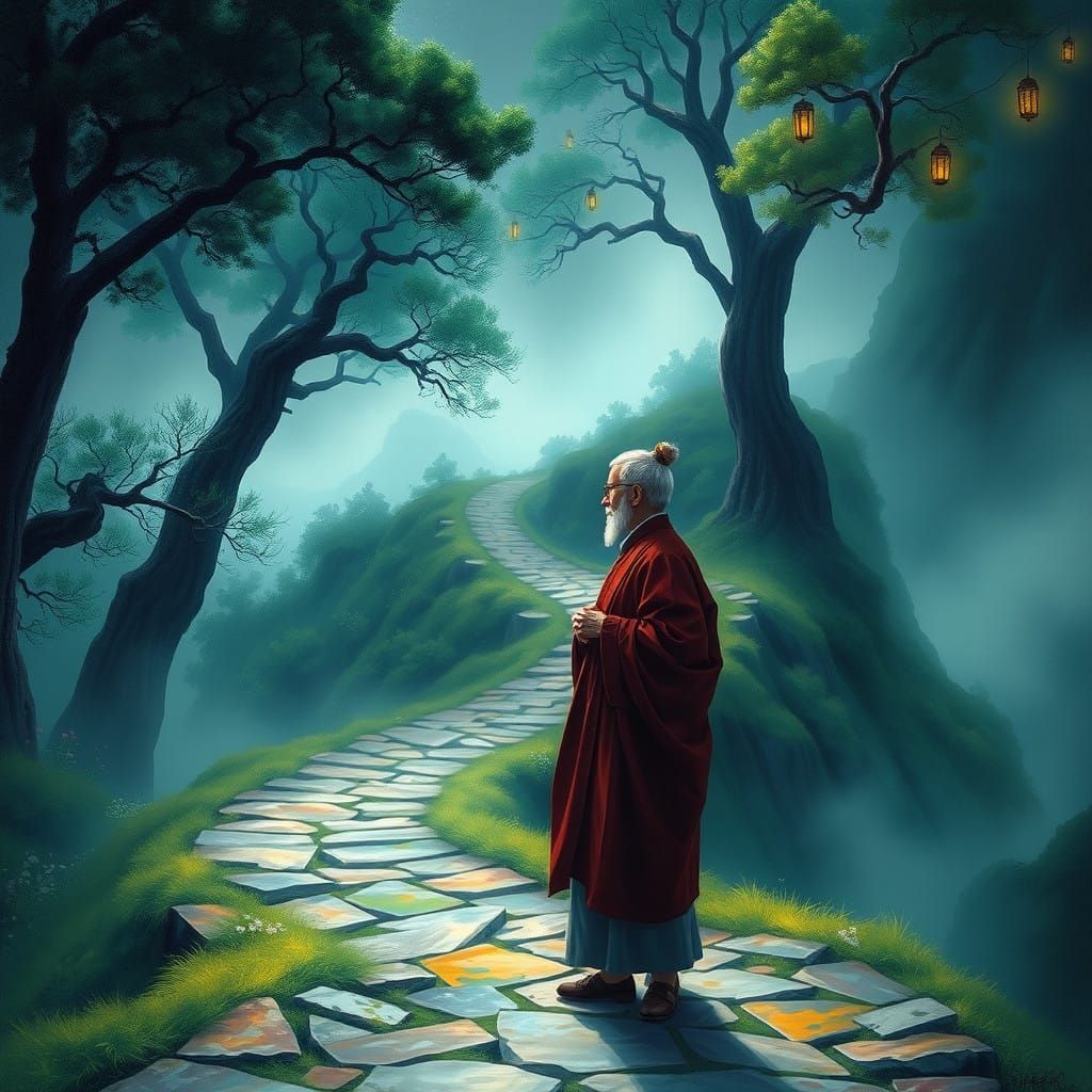 Serene Teacher on a Winding Mountain Path