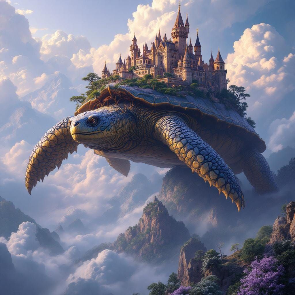 World Turtle Soaring Through Sky in Dark Fantasy Style