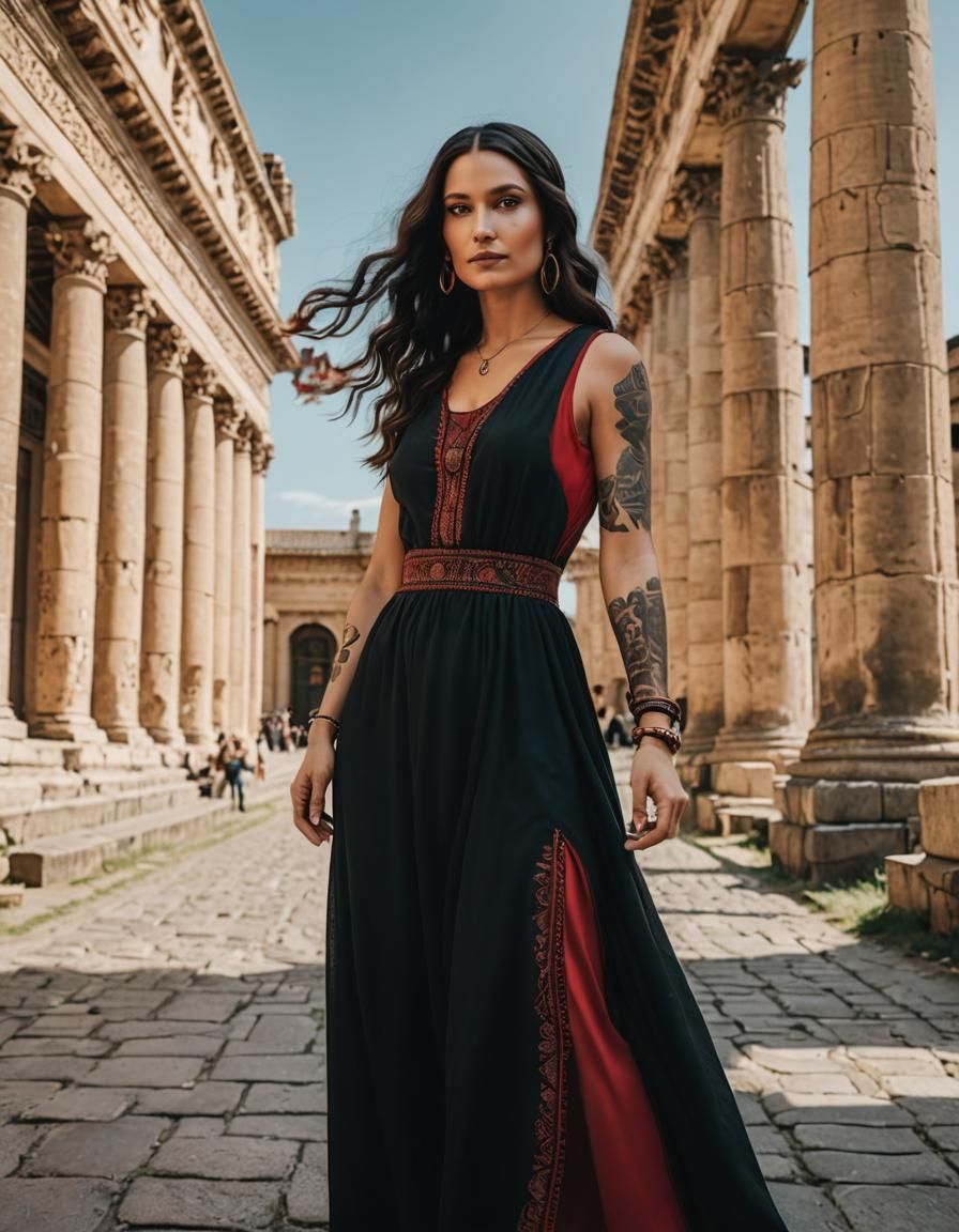 Tattooed Hipster Girl Posing in Front of Roman Building