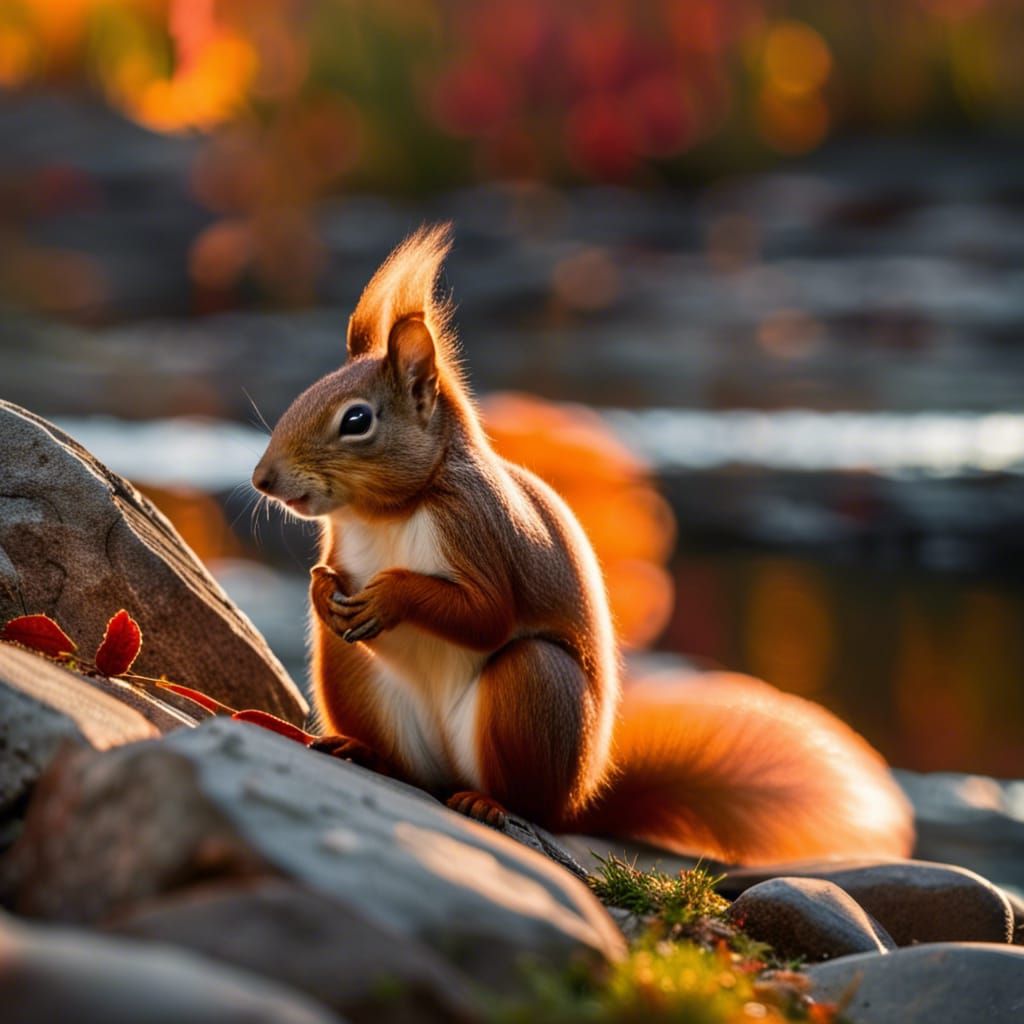 Red Squirrel at Mountain Lake Sunset