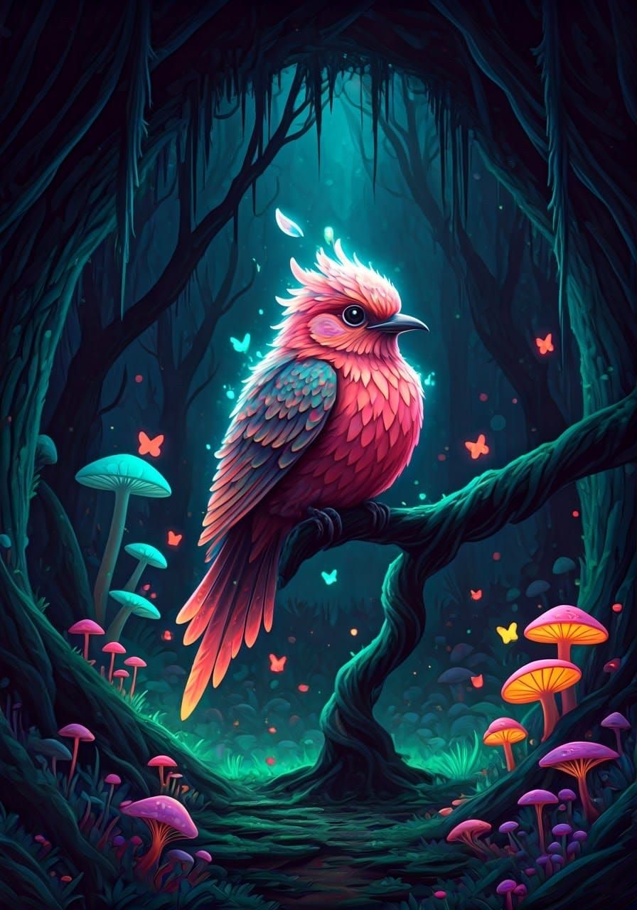 Luminous Chibi Bird in Enchanted Forest
