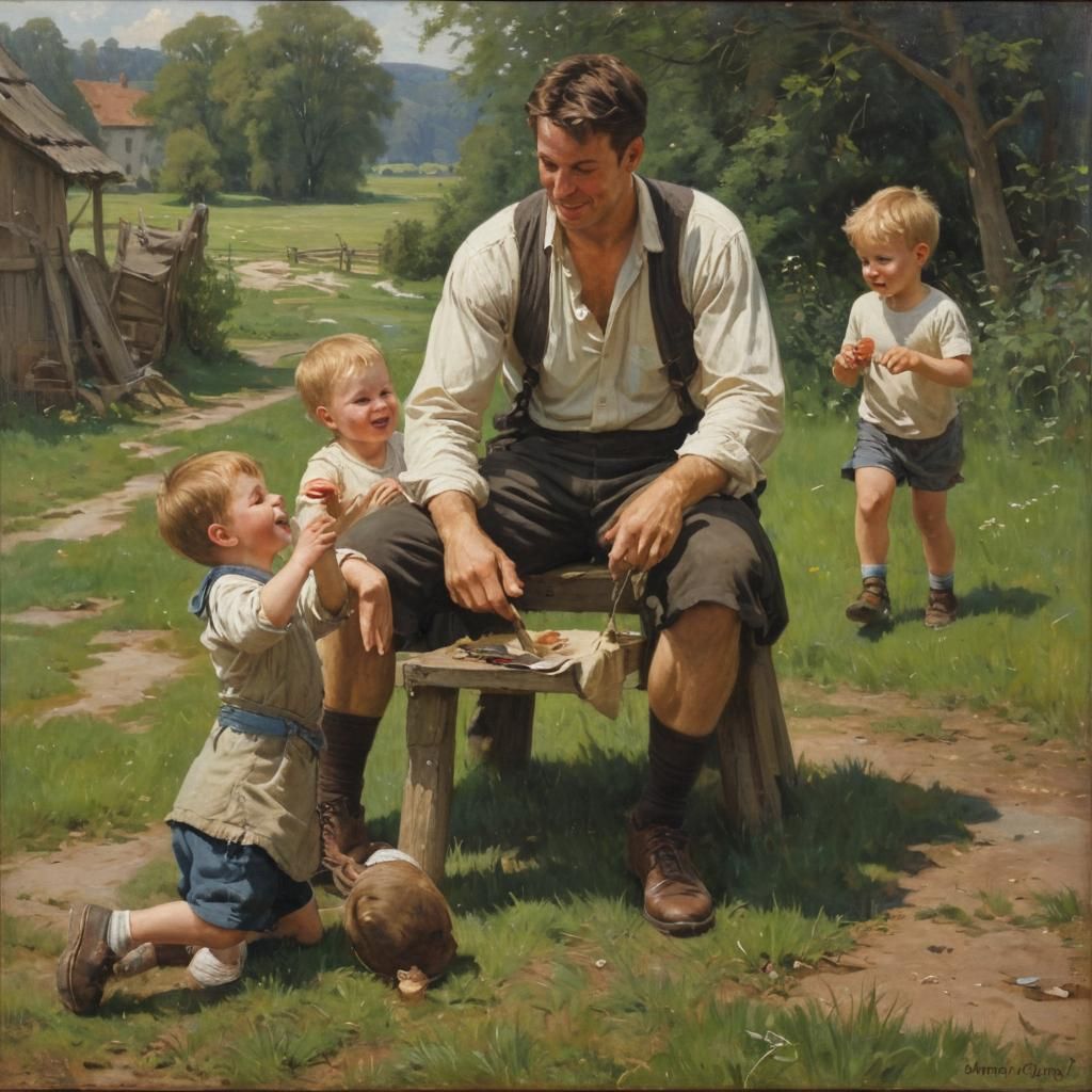Father and Children Playing: Oil Painting Style