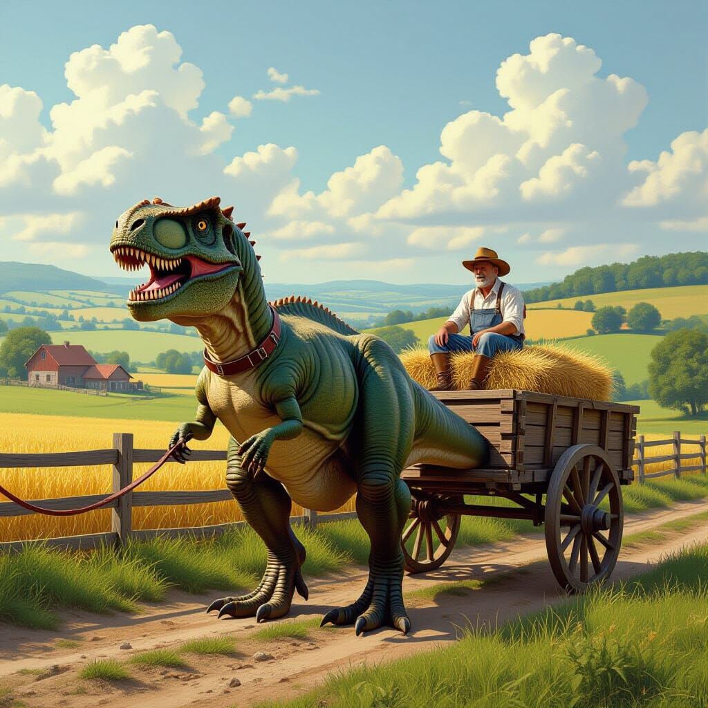 Tyrannosaurus Rex Pulling Cart on Farm, Hyperrealistic Style