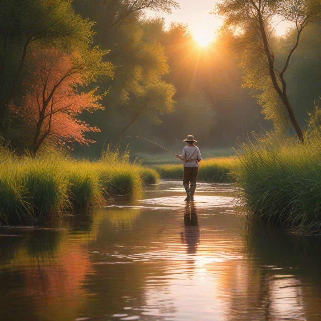 Woman Wading in a Sunset Stream, in Impressionist Style