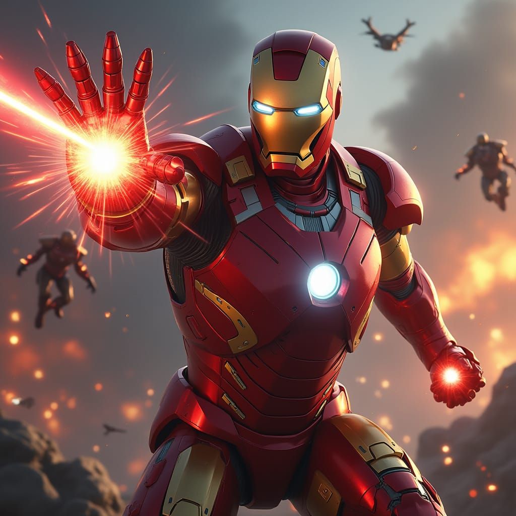 Iron Man Fires Lasers in Cinematic Battlefield Scene