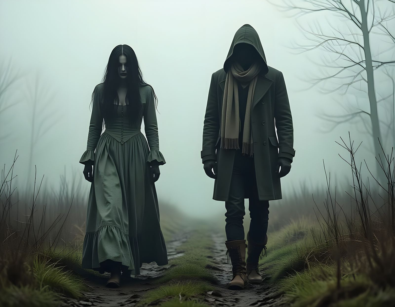 Ghostly Woman in Foggy Forest Double Exposure