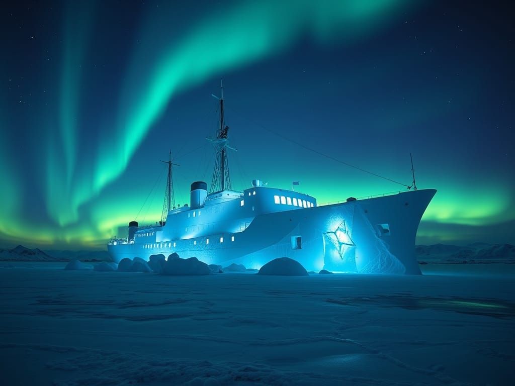 Frozen Ship in Mid-Voyage, Silhouetted by Northern Lights