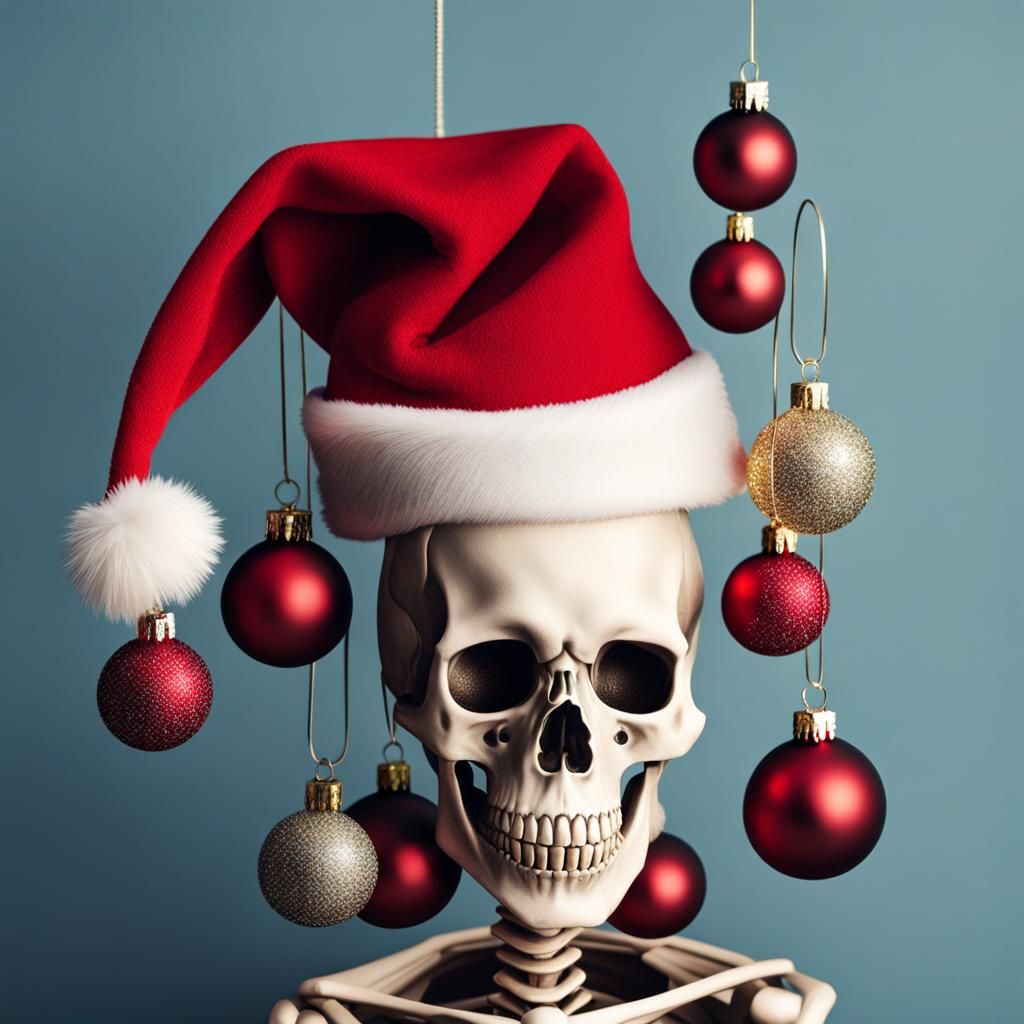 Festive Skeleton with Santa Hat and Baubles