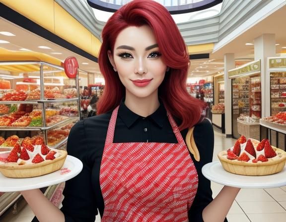 Woman Selling Strawberry Pies in a Mall