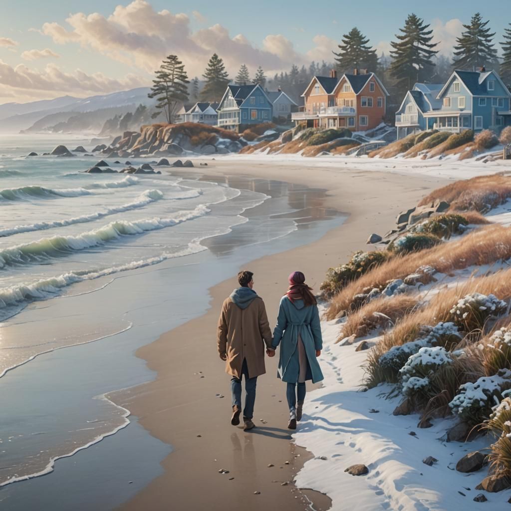 Couple Walking on Winter Shoreline: Hyperrealistic Concept A...