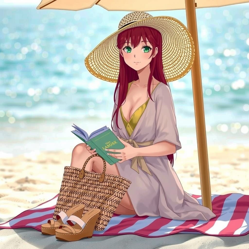 Sultry Japanese Woman Relaxing on the Beach in Pastel Hues