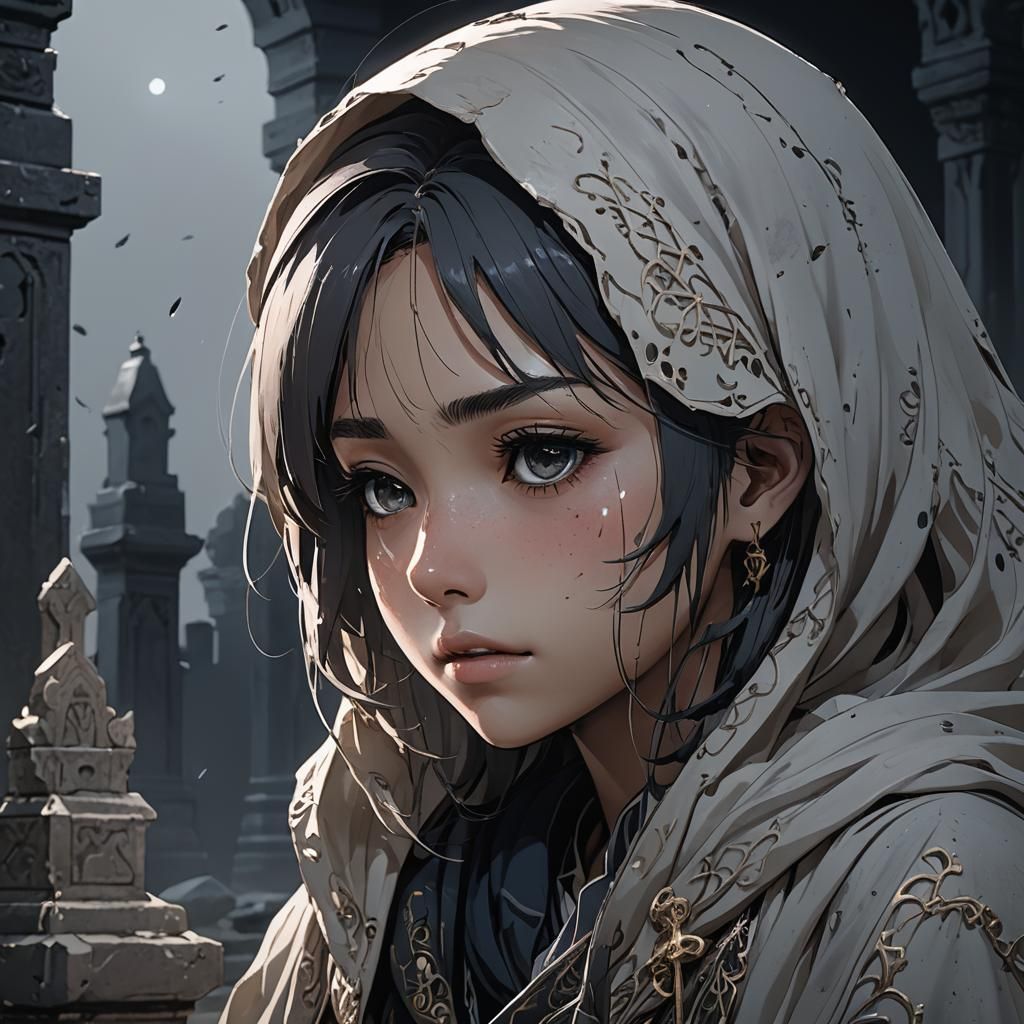 Mourning Girl at Grave: Dark Anime Concept Art