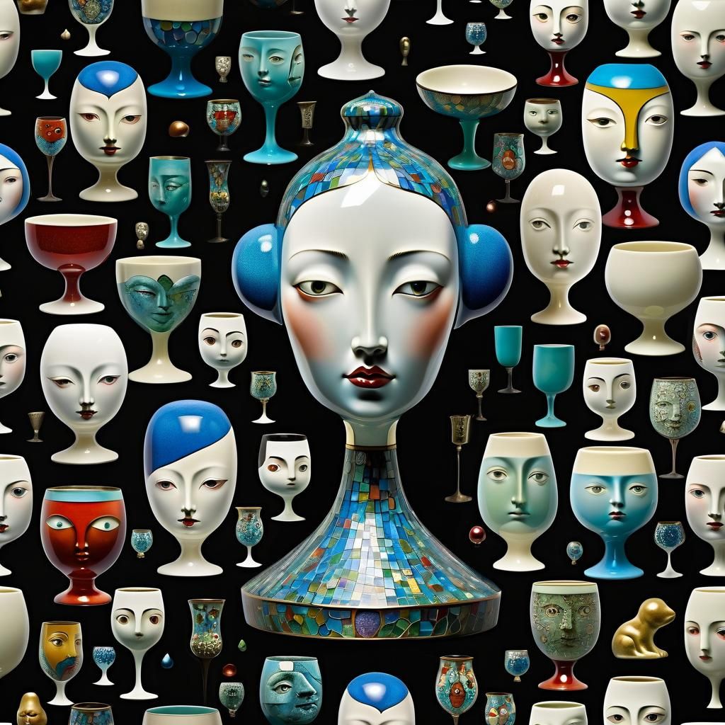 Surrealist Sculpture of Woman with Faces in Cloisonnism Styl...