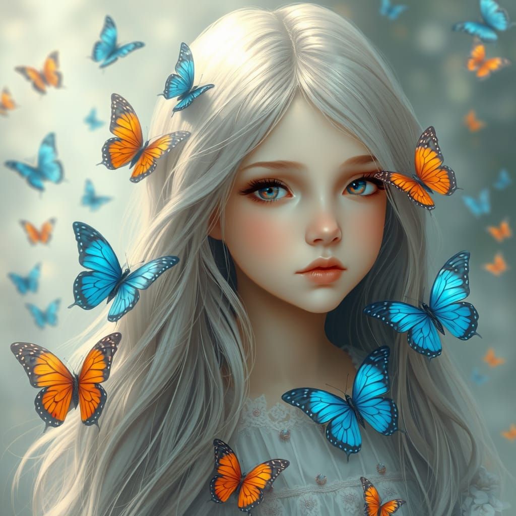 Dreamlike Portrait of a Girl Surrounded by Vibrant Butterfli...