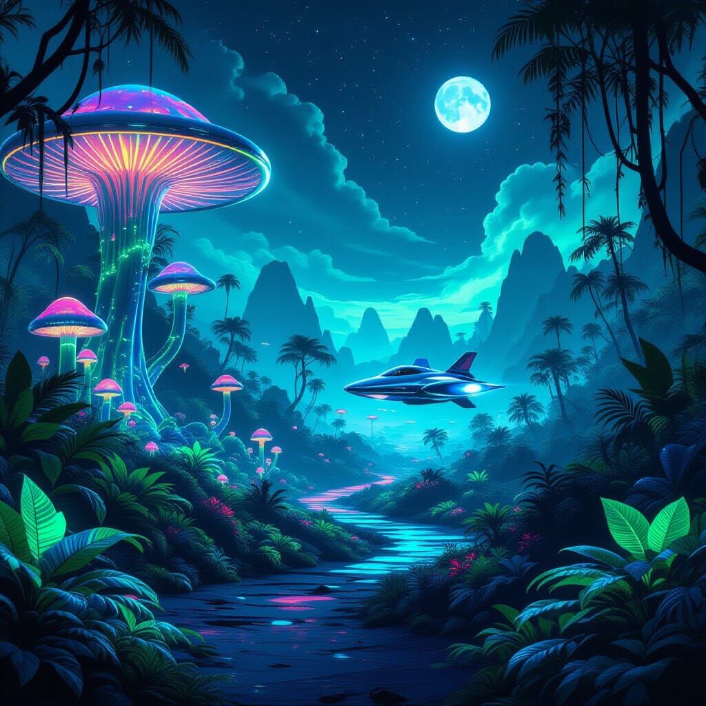 Bioluminescent Alien Jungle with Rocket Ship