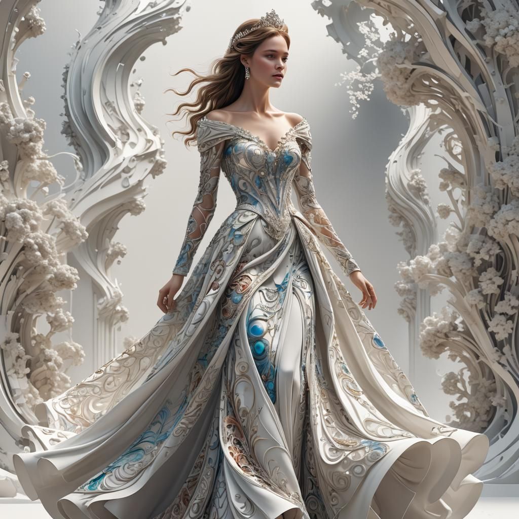 Elegant Princess Walking in Fractal Terrain Dress