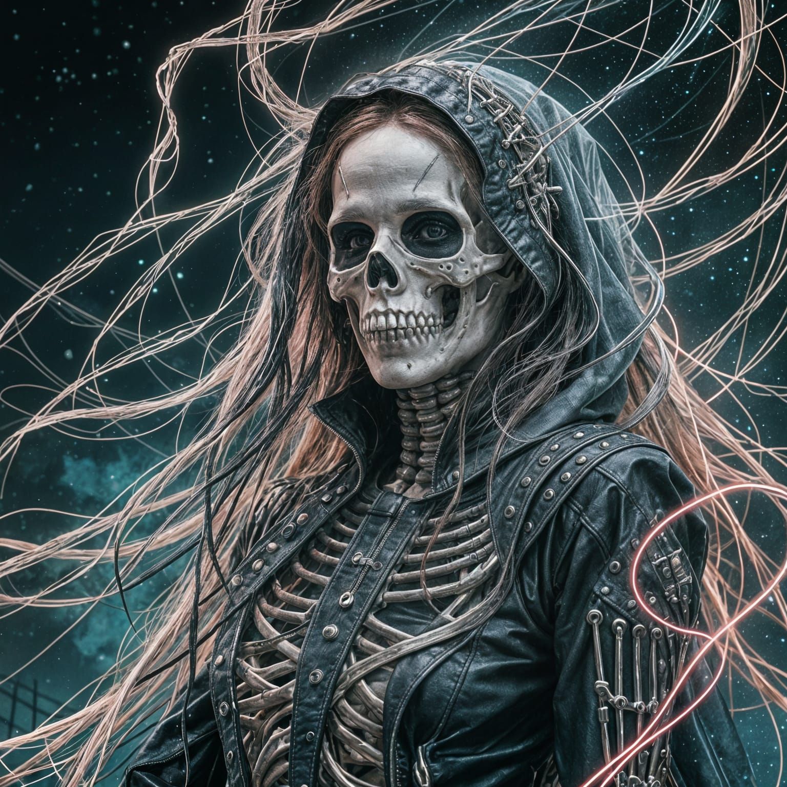 Cyberpunk Skeleton with Silver Veil in Starry Night